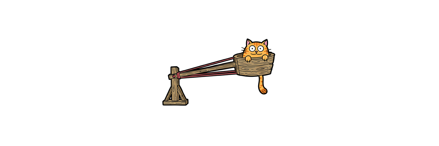 The same orange tabby cat in the bucket of the same homemade wooden catapult, wide format